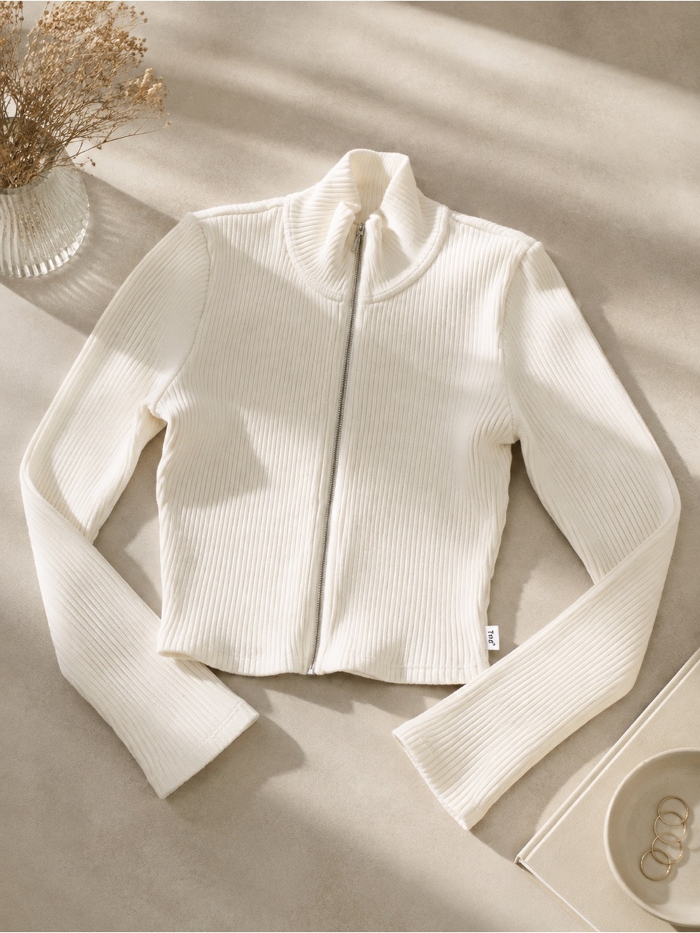 TNA Ivory Ribbed Zip-Up Cardigan